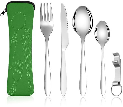 Vicloon Set di Posate con Custodia Portatile, 5 Pezzi in Acciaio Inossidabile con Apribottiglie, da Viaggio Coltello Forchetta Cucchiaio per Campeggio Picnic Scuola Pranzo (Verde)