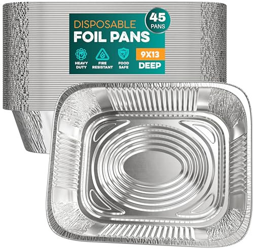 Aluminum Pans 9x13 [45 Pack] Aluminum Foil Pans Trays - Disposable Pans for Baking, BBQ Grilling, Roasting, Cake Serving Dishes, Catering Supplies, Steam Table Chafing Pans, Half Size Tin Foil Pan