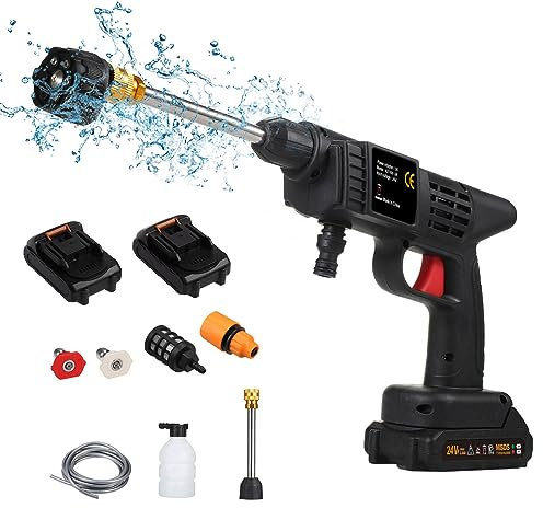 Shkalacar 150 PSI 24V Akku Hochdruckreiniger, Handgehalten Tragbarer Hochdruckreiniger, mit 6 in 1 Sprüher Akku, Ladegerät, 1500 mAh Wiederaufladbarer Akku, zum Waschen von Autos, Gießen von Blumen