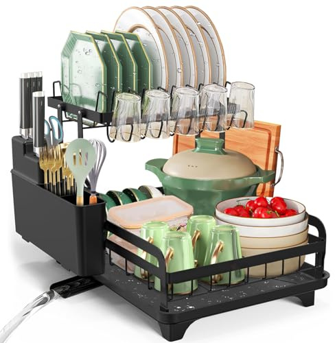 Dish Drying Rack 2-Tier Stainless Steel Foldable Drainer with Drip Tray | Kitchen Dish Drainer Rack for Sink with Adjustable Utensil Holder,Chopping Board Stand,Space Saving,Rustproof Non-slip Black