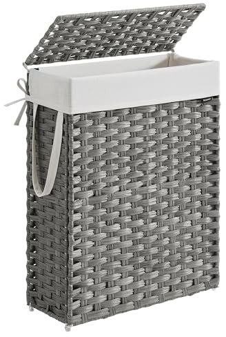 SONGMICS Cesto de Ropa Sucia Delagado, Cesta de Ratán Sintético 55 L con Tapa y Asas, Mimbre, Plegable, Forros Extraíbles, para Mantas, Ropa, Dormitorio, Baño, Lavandería, Gris Paloma LCB164G01