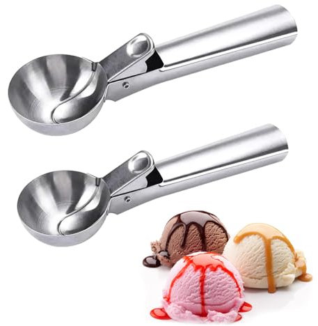 Lot de 2 cuillères à pommes de terre durables en acier inoxydable à déclenchement facile - Cuillère à glace ergonomique en métal - Pour fruits, pastèques