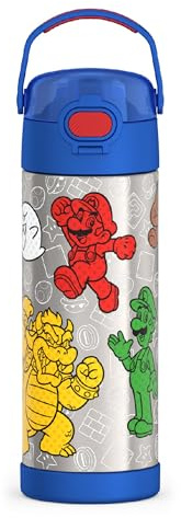 THERMOS FUNTAINER 16 Ounce Stainless Steel Vacuum Insulated Bottle with Wide Spout Lid, Mario