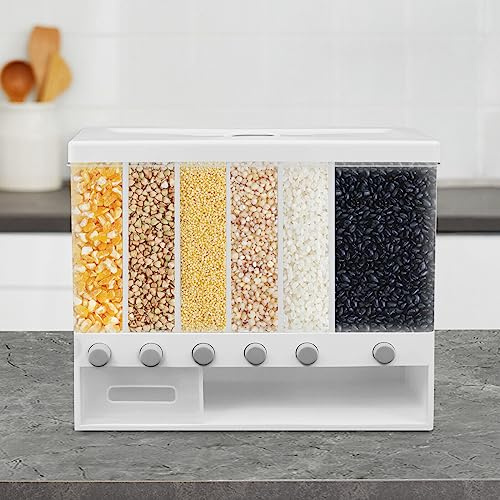 Qussse 6 in 1 Müslispender, Transparentes Lebensmittelspender Trockenfutter Vorratsbehälter Spender Maschine Luftdicht mit 6 Unterteilungen Reisspender Großer Reisvorratsbehälter