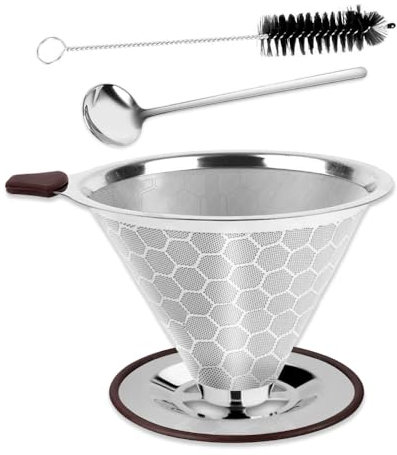 Bieiyhe Filtro da Caffè Permanente in Acciaio Inox, Filtro Caffe Americano Riutilizzabile, Dripper Caffe, Gocciolatore Caffè, Filtro Caffettiera,Filtro Caffè Contagocce con Pennello Pulito e Cucchiaio
