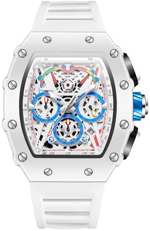 RORIOS Tonneau Armbanduhren für Herren Analog Quarz Uhr Silikon Sport Uhr Männer Mode Uhren Leuchtend Datum Kalender Uhren Weiß