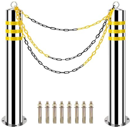 Safety Bollard Traffic Delineator Post, 32 Stainless Steel Posts with Reflective Strips, 16Ft Chain, 8 Anchor Bolts - Parking Bollard for Traffic Control, Driveway Barrier (2, 32H*3.15D)