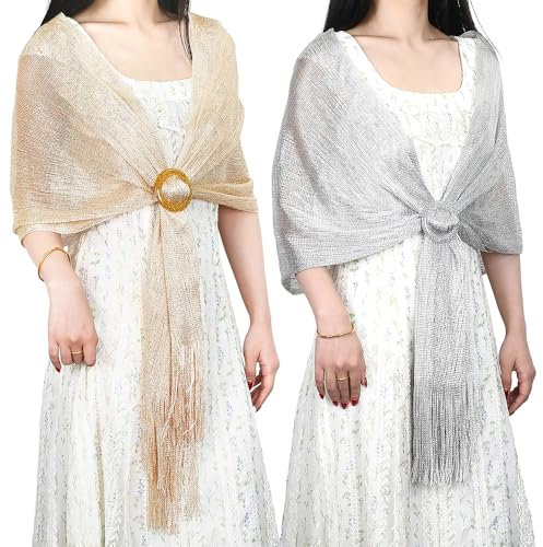 GooDengFull 2 Stück Bolero Damen festlich(je 1x silber und 1x gold),Stola für Abendkleid, Frauen Festival Schal, Metallic Schal Abend Hochzeit tragen, Brautjungfer Abend(Silber und Gold)