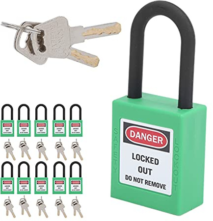 Candado Consignación 38 mm Ancho Termoplástico Candados de Bloqueo y Etiquetado Industrial 10 Candados Verdes con 20 llaves Para fábricas Sitios de Construcción Hospitales