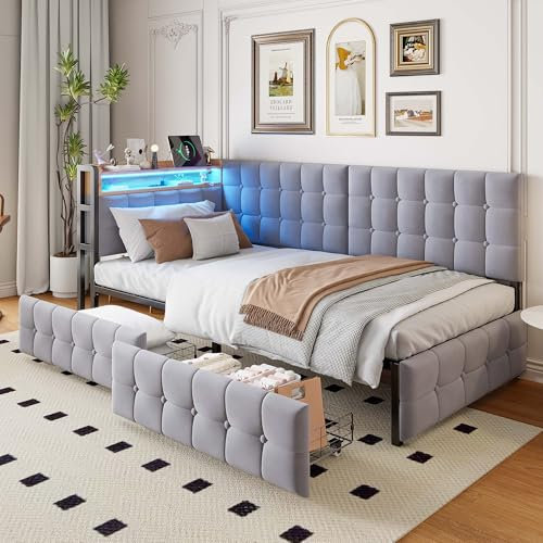 Arhatreya Schlafsofa 90x200 cm, Polsterbet mit USB- und Typ-C-Anschluss, Sofabett mit 2 Schubladen, Tagesbett mit LED-Nachttischlampe, Bett für Gästezimmer (Ohne Matratze) Samt Hellgrau