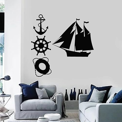 Wandaufkleber, Boot, Anker, Schiffsrad, Rettungsring, Seemannsstil, Schlafzimmer, Wohnzimmer, Heimdekoration, Vinyl-Aufkleber, Kunstbild, 57 x 57 cm