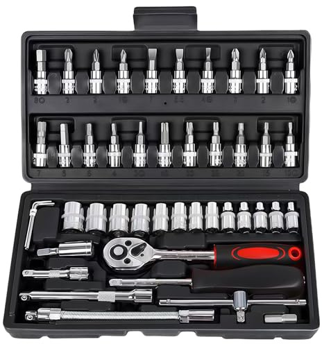 WANDGU Jeu de 46 douilles : jeu de clés à cliquet 1/4 avec rallonge, serrage rapide, douilles en acier Cr-V, jeu d'embouts, clés Allen pour voiture et maison dans une boîte de rangement