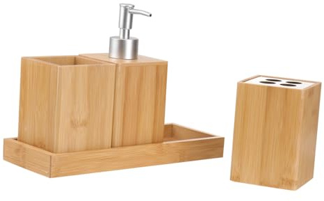 Set Accessori Bagno in Bambù e Legno 4 Pezzi per Casa
