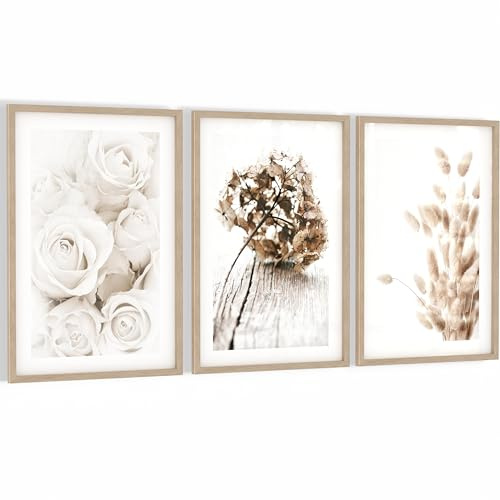 Novart Wandbilder mit Rahmen Boho - Wohnzimmer Schlafzimmer Wanddeko - 3 Bilder Set Beige - N123136aR1