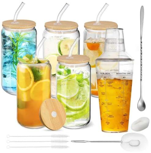 Cafultgo Cocktail Shaker Set with 5x16oz Glasses, PC Transparent Shaker with Recipes & 50ml Measuring Lid, Bottle Brush + Replacement Head, Bar Spoon for Home Bar Party Coffee Mocktail