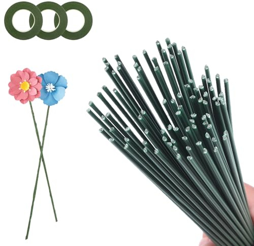 Sploziia 100 Stück Blumendraht Grün - Floristendraht 30cm Langer Draht 2mm Pfeifenputzer Zum Basteln Mit 3 Rollen Klebeband Für DIY Blumenarrangements Und Künstliche Blumengirlanden