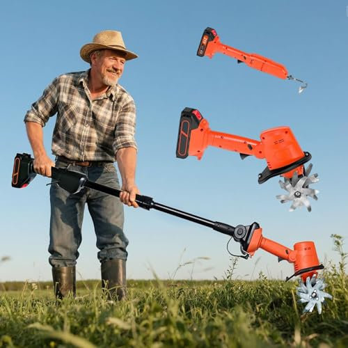 RSPPPJQ Electric cultivator hoe & weeder,21V Cordless Mini Tiller Cultivator,with 4 Rows of Tines, 2x1.5Ah Batteries Charger, 4 Working Width(2 Battery)