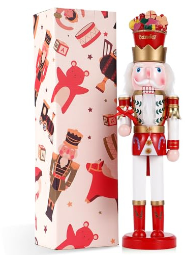 Tpudn Schiaccianoci gigante da 38 cm (15 pollici) con bastoncino di zucchero e ghiaccio - Figura da collezione in legno - Decorazione natalizia creativa per casa, feste o come regalo (versione