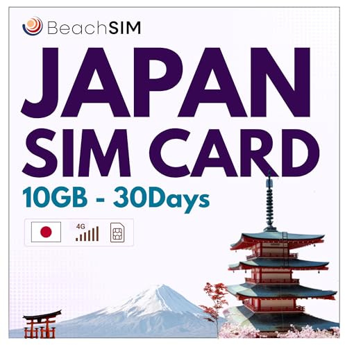 BeachSIM Carte SIM Japon. 10 Go de données en 4G/5G. Données prépayées Uniquement. Recharge Facile. Compatible avec Les appareils iOS et Android. Valable 30 Jours.