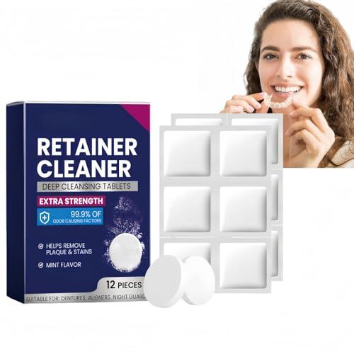 12PCS Retainer Cleaner Tablets,Denture Cleaning Tablets,Denture Cleaner for Night Guards and Denture Cleaning,Removes Stains & Odours,Fresh Mint Appliance Cleaner for Retainer,Aligners,Mouth Guard