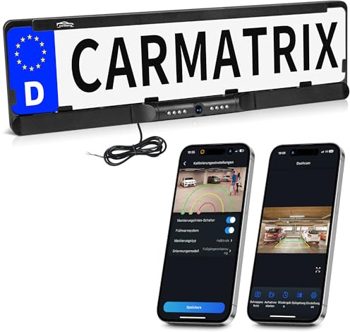 CARMATRIX WLAN Funk Rückfahrkamera im Kennzeichenhalter für Smartphone | HD Rückfahrsystem mit App-Steuerung für iOS & Android, KI Personen- & Fahrzeugerkennung, IR Nachtsicht, Foto & Video