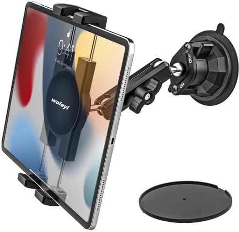 woleyi Support Voiture Tablette Ventouse Ultra-Puissante, Montage Tableau de Bord/Pare-Brise, Métal Support Camion Vehicule pour iPad Pro/Air/Mini, Galaxy Tab/Z Fold, Kindle Fire, Téléphone, 4-13