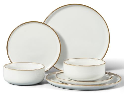 HaWare 6 Piece Dinner Set, Stoneware Dinnerware Set for 2, Reactive Glaze Dining Ware Include Plates and Bowls, Chip and Scratch Resistant, Microwave & Dishwasher Safe, Pearl White