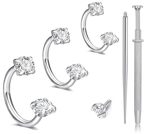 Nymora Anillo de Nariz de Plata 18G 3 Piezas (6mm 7mm 8mm) Piercing de Herradura de Circonio, Anillo de Piercing de Labios y Anillo de Helix con Herramienta de Agarre para Mujeres