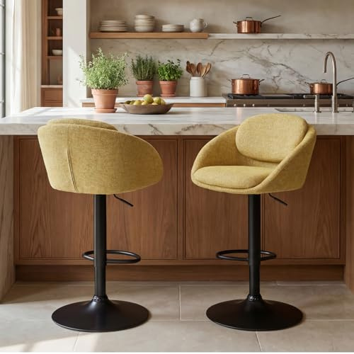 DAYALANE Barhocker höhenverstellbar, 2er-Set, Barstuhl Chenille, Gelb | Barstools mit Lehne & Fußstütze, Küchenhocker 360° drehbar, Tresenhocker Bistrohocker für Küche