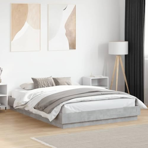 Teenpull Estructura de Cama Gris hormigón con Luces LED RGB para Dormitorio de 150x200 cm, Base de Madera de ingeniería Resistente, Soporte de colchón, con Conector USB y diseño Moderno