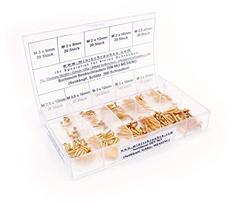 Sortimentskasten mit 200 Stück kleinen Senkschrauben nach DIN 963 aus Messing (M2, M2,5 und M3), Schlitz, Senkkopf. Minischrauben Sortiment inkl. beschrifteter Box