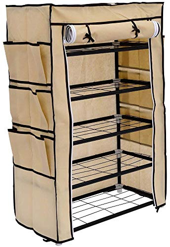 BAKAJI Scarpiera Armadio Salvaspazio 6 Ripiani 60x30x90cm Fino a 18 Paia di Scarpe Struttura Acciaio e Rivestimento in Tessuto TNT Impermeabile con Chiusura Zip Antipolvere (Beige)