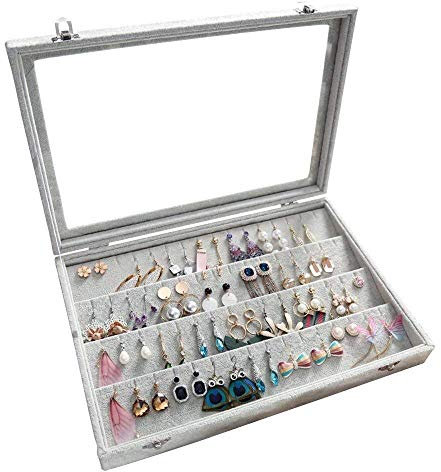 BIENSER Ohrring Aufbewahrung, 40 Paar Ohrringe Schmuckkästchen Mädchen, Jewelry Organizer box, Schmuck Organizers Box, schmuckaufbewahrung, Samt und Glas, Vitrine, Abschließbar, Staubdicht, 35x24x5cm