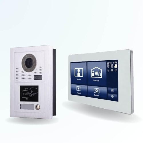 BT Security Portier interphone vidéo Modern 2 Fils pour 2 entrées - 1 Appartement - 2 platines - 1 écran Tactile connecté 7 Blanc - avec Lecteur de Badge