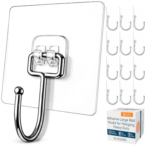 GLUIT Adhesive Large Wall Hooks for Hanging Heavy Duty 22 lbs Hooks for Walls No Drill, Towel Sticky Clear Hooks, Waterproof, Home, Bathroom, Kitchen, Office, and Outdoor 12 Pack