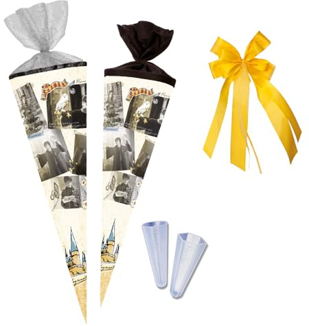 Nestler School Cone Set for Filling, Handmade Cardboard Sugar Cone - Licensed Harry Potter - Magical Moments, School Cone, Lace Protector, Bow (70 cm Round)