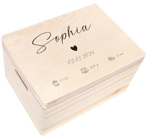 Creative Deco Erinnerungsbox Baby Personalisiert Herz mit Namen 40x30x24 cm | Individuelle Erinnerungskiste Geschenk zur Geburt für Mädchen und Jungen | Holzkiste mit Deckel | Farbdruck