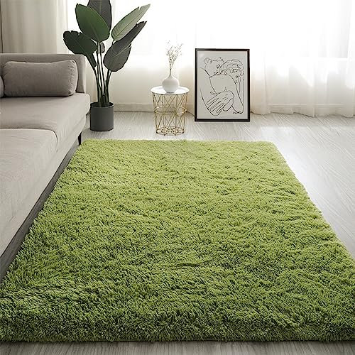 Swsen Teppich Wohnzimmer Super Weich - Shaggy Teppiche Flauschig Anti-Rutsch Unterseite - Moderner Carpet Waschbar Langflor Hochflor Teppiche 100x100cm, Grasgrün