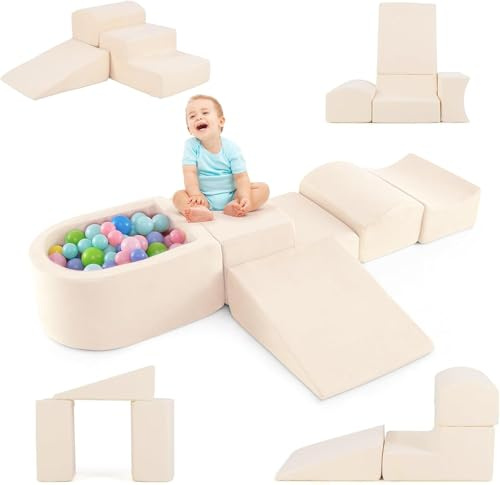 DREAMADE 5 TLG. Softbausteine, Riesenbausteine mit Bällebad & waschbarem Bezug, Großbausteine aus Schaumstoff, Kletterblöcke zum Toben & Klettern für Kleinkinder (Beige)