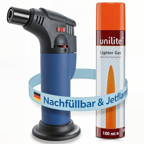 UNILITE Feuerzeug MIT Gas – Sturmfeuerzeug Gas Brenner mit Jet Flamme – nachfüllbar – 100 ml Nachfüllgas im Set – Jetflame – Nachfüller – Elektronik Feuerzeug – In 4 Farben erhältlich (Blau)