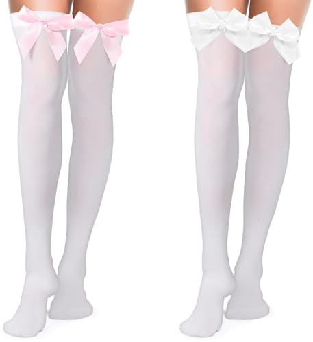 Abeillo 2 Pairs Thigh High Stockings Lace Satin Bow Stockings Women Tight Hosiery Over Knee Long Stocking(White, Pink)