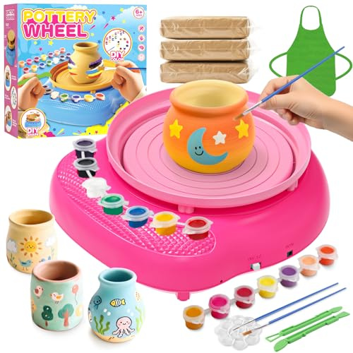 Weilim Töpferscheibe Kinder 6-12 Jahre, DIY Bastelset, Geschenk | Komplettset: 3 lufttrocknende Tone, 14 Farben, Werkzeuge, Schürze, USB-Töpferscheibe. Geschenk für Kinder 6-12 Jahre.
