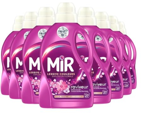 Mir - Lessive Liquide Couleurs - Explosion Florale -Main & Machine - Raviveur - Formule 3en1 - Couleurs - Fibres - Fraîcheur - Nettoie avec Soin - Pour Toutes les Couleurs - 27 Lavages - Lot de 8