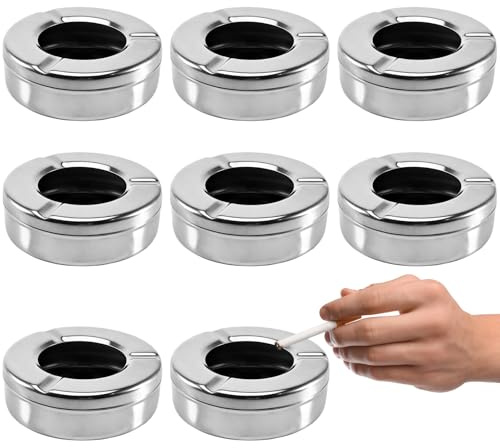 8 posacenere in acciaio inox con coperchio Ø 11 cm – Posacenere antivento per esterni e interni, coperchio rimovibile contro cenere volante, antiscivolo, facile da pulire, ideale per balcone, giardino