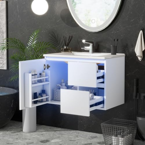 dowowdo Armadietto da bagno, 70 cm, da appendere a parete con sensore a LED, illuminazione e lavabo, mobiletto lavabo bianco con 2 cassetti, vasca in ceramica integrata, mobili da bagno
