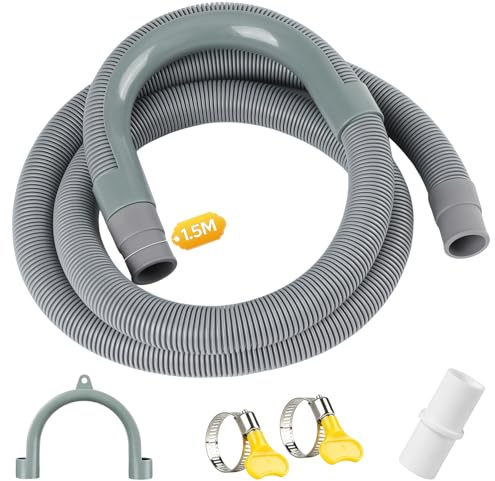 Bomtop Rallonge Tuyau Machine a Laver 1.5M, Tuyau Evacuation Lave Vaisselle, Kit de Tuyau de Vidange Universelle avec U Support et Colliers de Serrage pour Lave-Linge, Lave-Vaisselle (Gris)