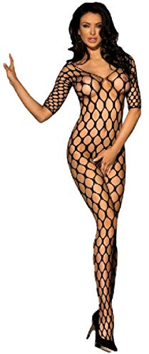 krautwear® Damen Bodystocking Negligée Minikleid Ouvert Fischernetz Netz Catsuit String Body Netzbody Offen Spitze Strümpfe Nylon Schwarz (BL96126)