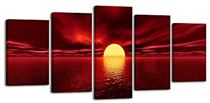 Wieco Art Red Sun Canvas Prints Wall Art Ocean Sea Beach Pictures Paintings Ready to Hang for Living Room Bedroom Home Decorations Modern 5 Piece Stretched and Framed Grace Landscape Giclee Artwork