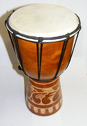 One World is Enough 30 cm Djembe - Hand Carved African Style Mid Size - Brown Mahogany Wood Drum