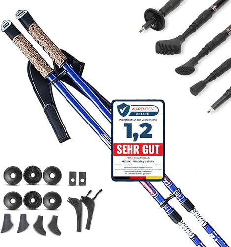 Melko Walking Stöcke aus Duraluminium, 2er Set, frei verstellbar durch Teleskop-System 65 – 135 cm Gesamtlänge, Rot, Blau, Schwarz, Violett